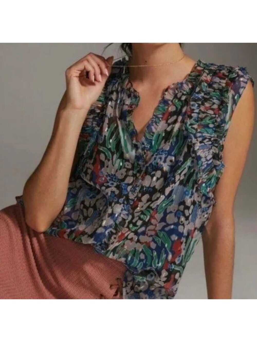 Anthropologie Letmebe Metallic Chiffon Sheree Geometric Top L Office Party